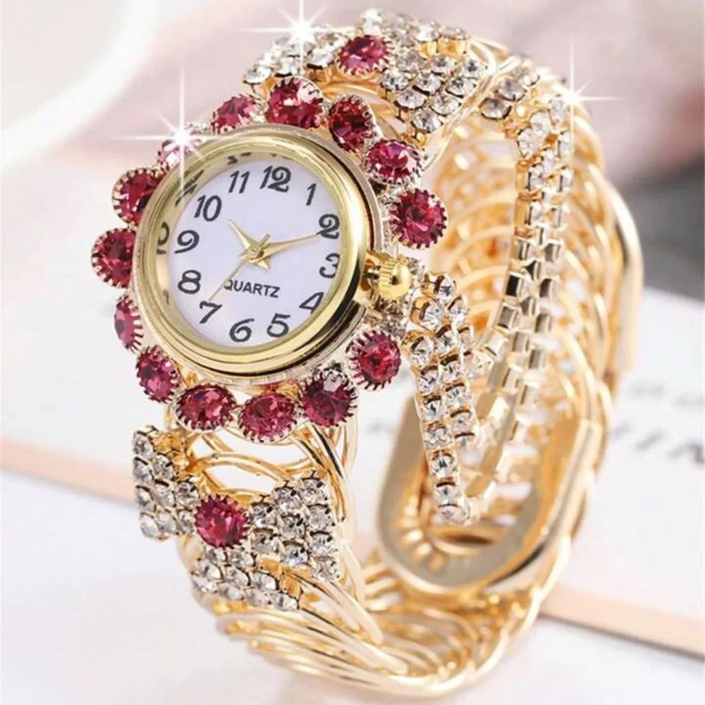 💎💖💎 LADIES PINK & CLEAR CRYSTAL RHINESTONE WATCH ON GOLD TONE CIRCULAR CUFF❗️ - Picture 1 of 6